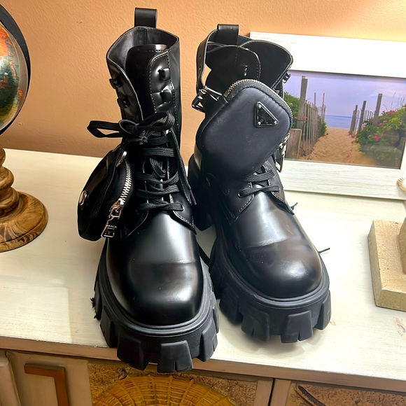 Prada Monolith Leather Nylon Trim Combat Boots - Picture 1 of 17